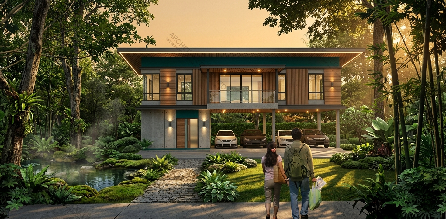 แบบบ้านโมเดิร์น 2 ชั้น,  แบบบ้าน modern style, แบบบ้านใต้ถุนสูง 2 ชั้น, แบบบ้าน 2 ห้องนอน, แบบบ้าน 2 ห้องนอน 2 ห้องน้ำ, แบบบ้าน 