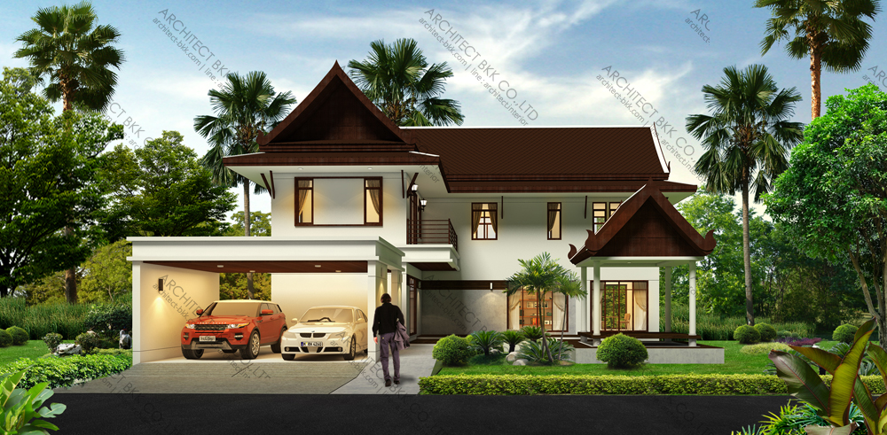 แบบบ้านไทยประยุกต์ 2 ชั้น,  แบบบ้าน thai modern style, แบบบ้านสองชั้น, แบบบ้าน 2 ห้องนอน, แบบบ้าน 2 ห้องนอน 3 ห้องน้ำ, แบบบ้าน 
