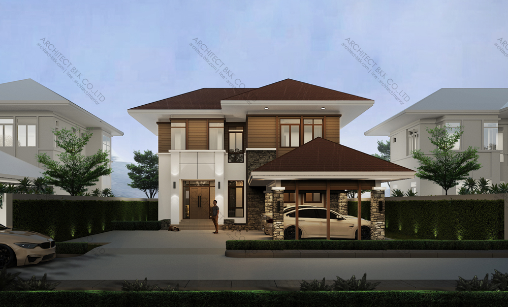 แบบบ้านทรอปิคอล 2 ชั้น,  แบบบ้าน tropical style, แบบบ้านสองชั้น, แบบบ้าน 2 ห้องนอน, แบบบ้าน 2 ห้องนอน 3 ห้องน้ำ, แบบบ้าน 