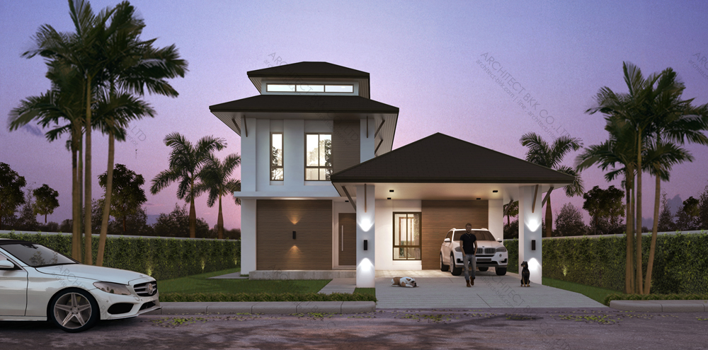 แบบบ้านทรอปิคอล 2 ชั้น,  แบบบ้าน tropical style, แบบบ้านสองชั้น, แบบบ้าน 3 ห้องนอน, แบบบ้าน 3 ห้องนอน 3 ห้องน้ำ, แบบบ้าน 