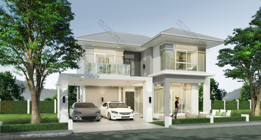 แบบบ้านทรอปิคอล 2 ชั้น,  แบบบ้าน tropical style, แบบบ้านสองชั้น, แบบบ้าน 3 ห้องนอน, แบบบ้าน 3 ห้องนอน 3 ห้องน้ำ, แบบบ้าน 