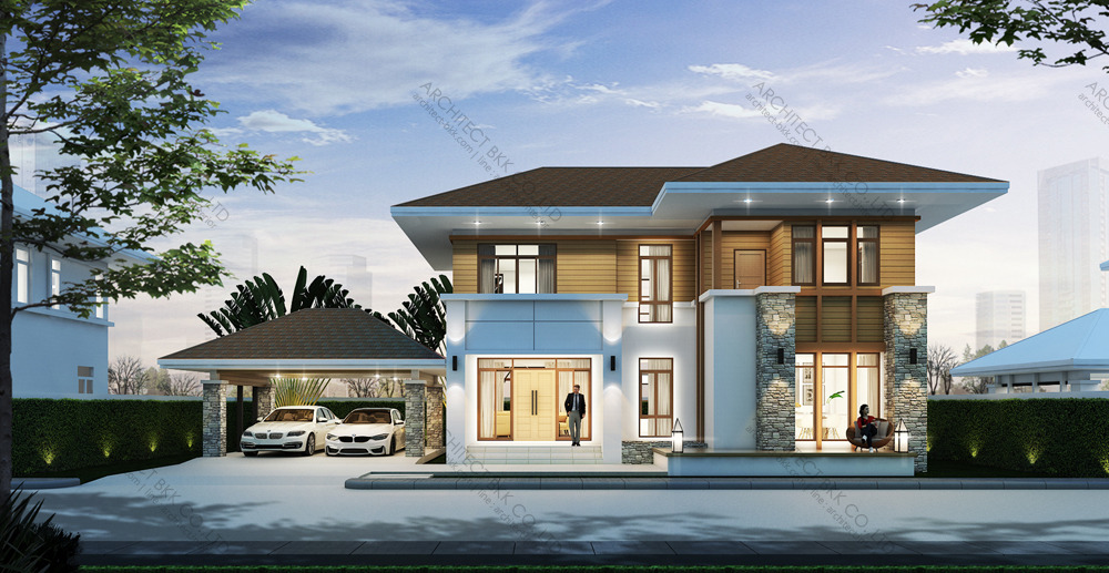 แบบบ้านทรอปิคอล 2 ชั้น,  แบบบ้าน tropical style, แบบบ้านสองชั้น, แบบบ้าน 3 ห้องนอน, แบบบ้าน 3 ห้องนอน 3 ห้องน้ำ, แบบบ้าน 