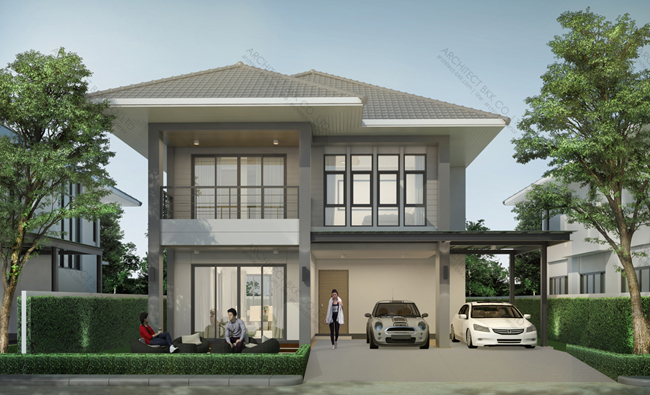 แบบบ้านทรอปิคอล 2 ชั้น,  แบบบ้าน tropical style, แบบบ้านสองชั้น, แบบบ้าน 3 ห้องนอน, แบบบ้าน 3 ห้องนอน 3 ห้องน้ำ, แบบบ้าน 